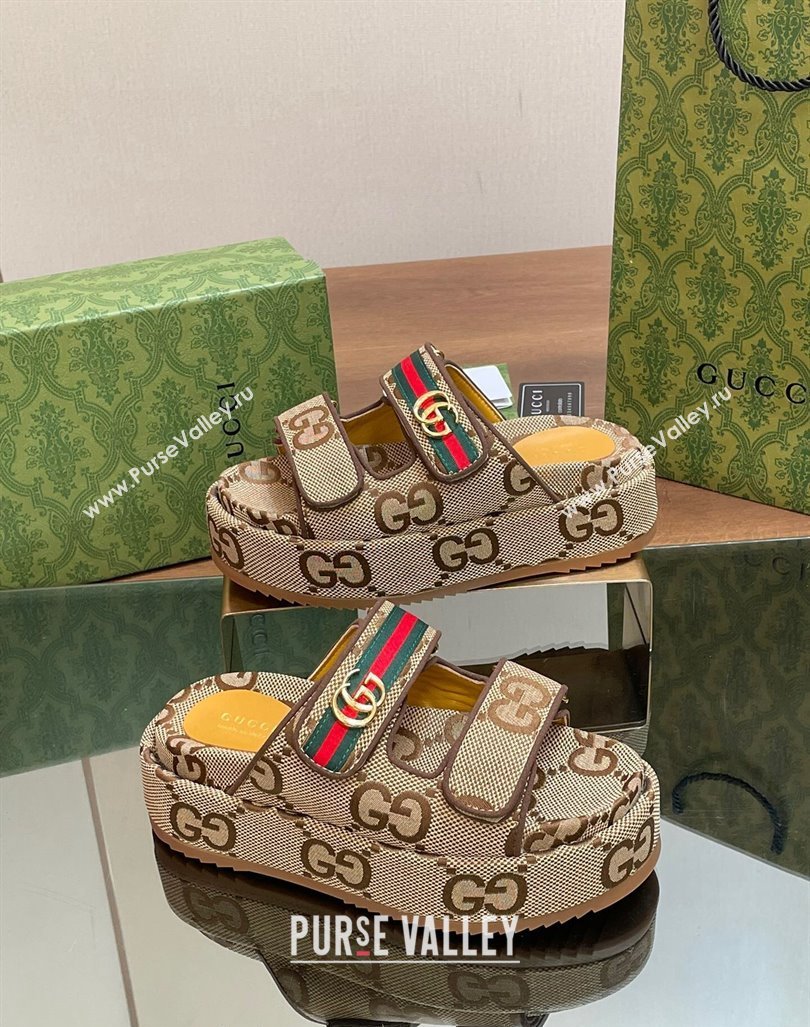 Gucci Maxi GG Canvas Platform Slides Sandal 5.5cm with Strap and Web Camel/Coffee 2024 0605 (MD-240605036)