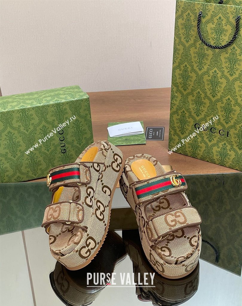 Gucci Maxi GG Canvas Platform Slides Sandal 5.5cm with Strap and Web Camel/Coffee 2024 0605 (MD-240605036)