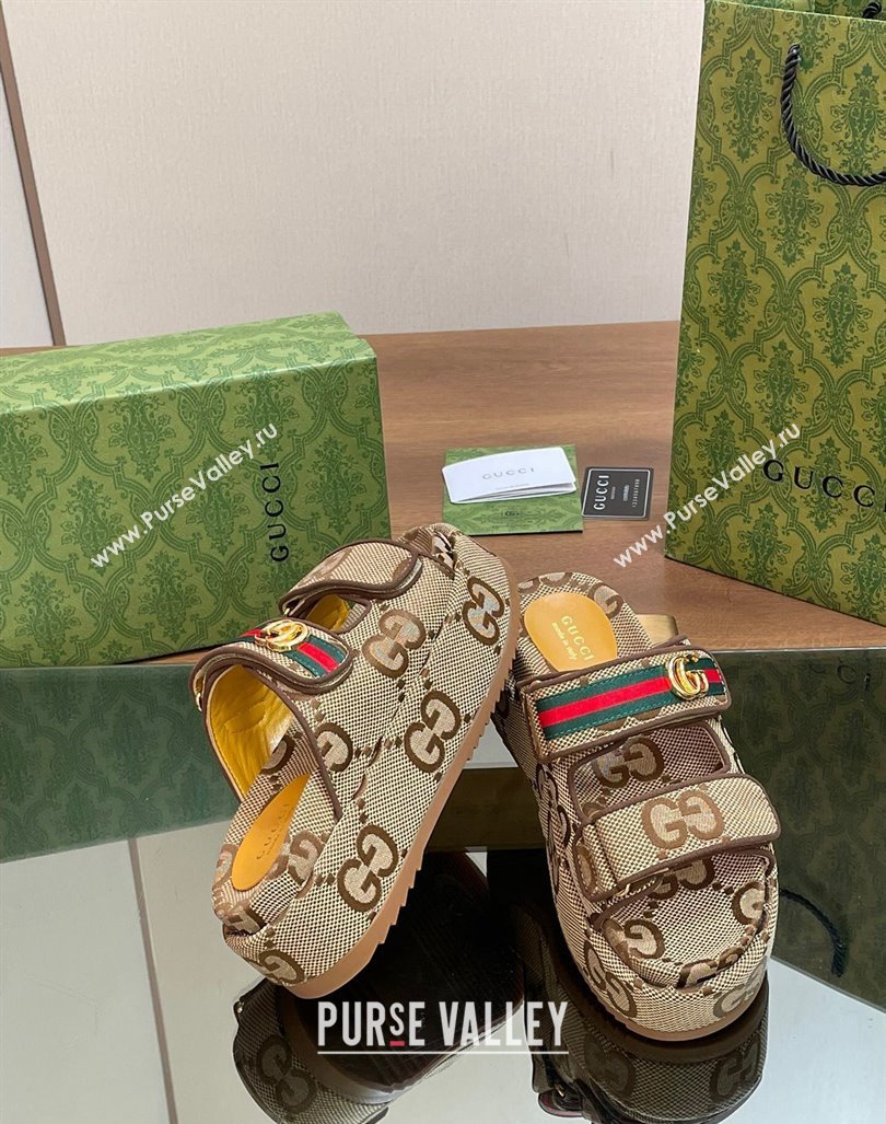 Gucci Maxi GG Canvas Platform Slides Sandal 5.5cm with Strap and Web Camel/Coffee 2024 0605 (MD-240605036)