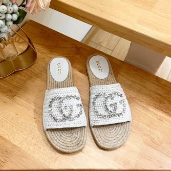 Gucci Strass Interlocking G Espadrille Flat Slides Sandal White 2024 780589 (HB-240605091)