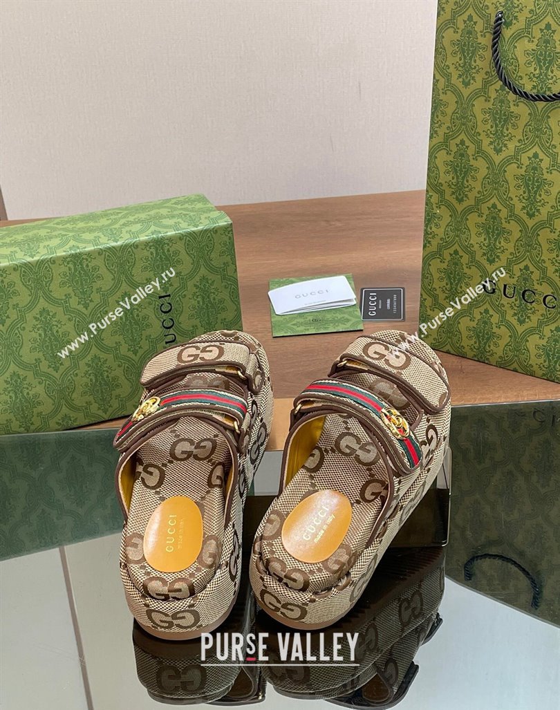 Gucci Maxi GG Canvas Platform Slides Sandal 5.5cm with Strap and Web Camel/Coffee 2024 0605 (MD-240605036)