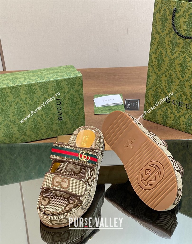 Gucci Maxi GG Canvas Platform Slides Sandal 5.5cm with Strap and Web Camel/Coffee 2024 0605 (MD-240605036)