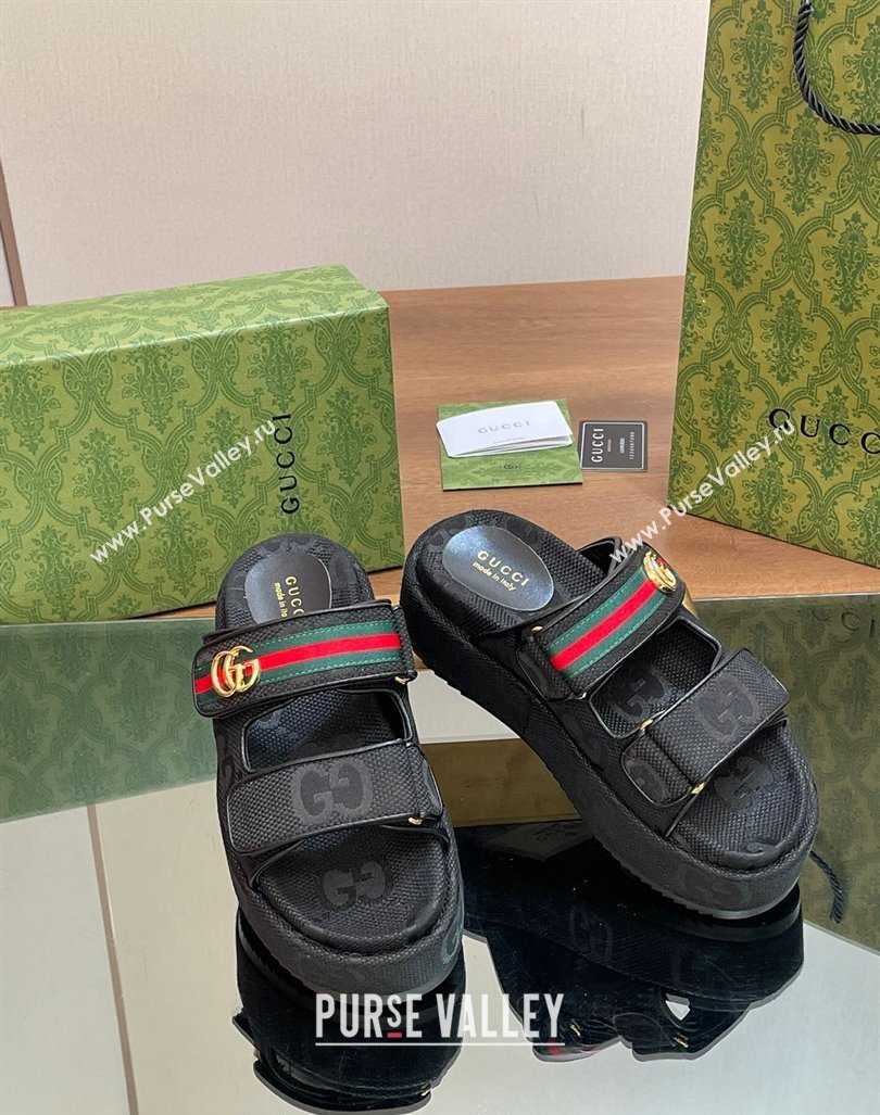 Gucci Maxi GG Canvas Platform Slides Sandal 5.5cm with Strap and Web Black 2024 0605 (MD-240605037)