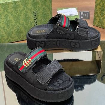 Gucci Maxi GG Canvas Platform Slides Sandal 5.5cm with Strap and Web Black 2024 0605 (MD-240605037)