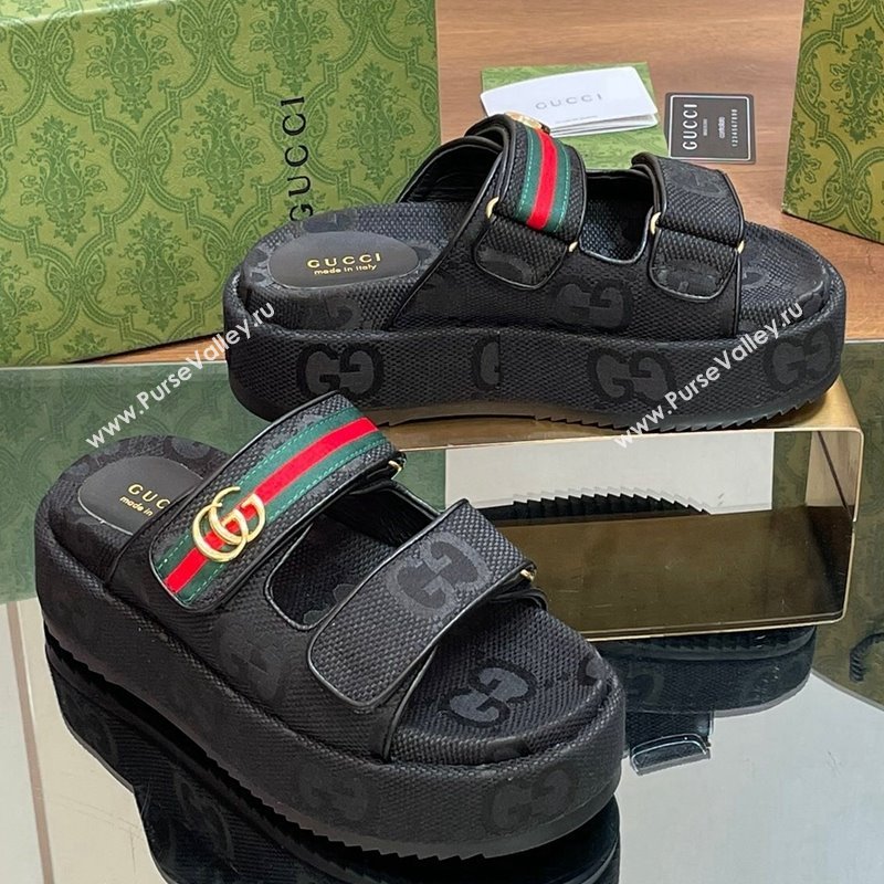 Gucci Maxi GG Canvas Platform Slides Sandal 5.5cm with Strap and Web Black 2024 0605 (MD-240605037)