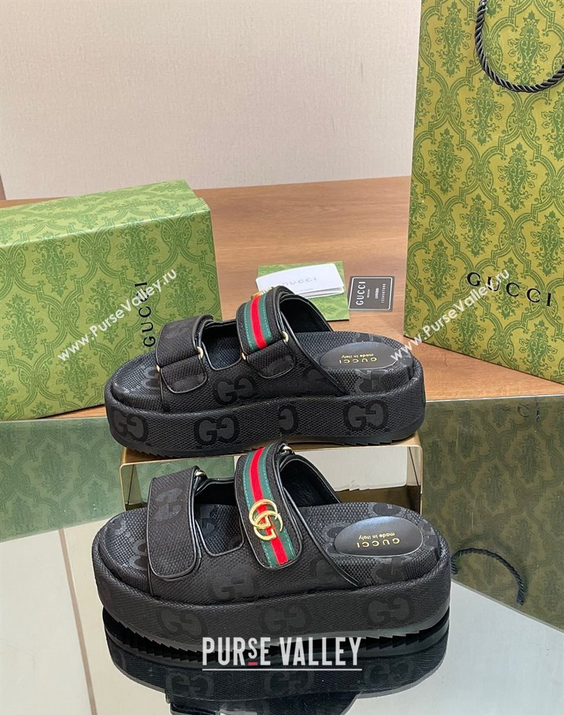 Gucci Maxi GG Canvas Platform Slides Sandal 5.5cm with Strap and Web Black 2024 0605 (MD-240605037)