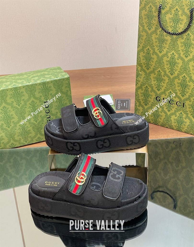 Gucci Maxi GG Canvas Platform Slides Sandal 5.5cm with Strap and Web Black 2024 0605 (MD-240605037)