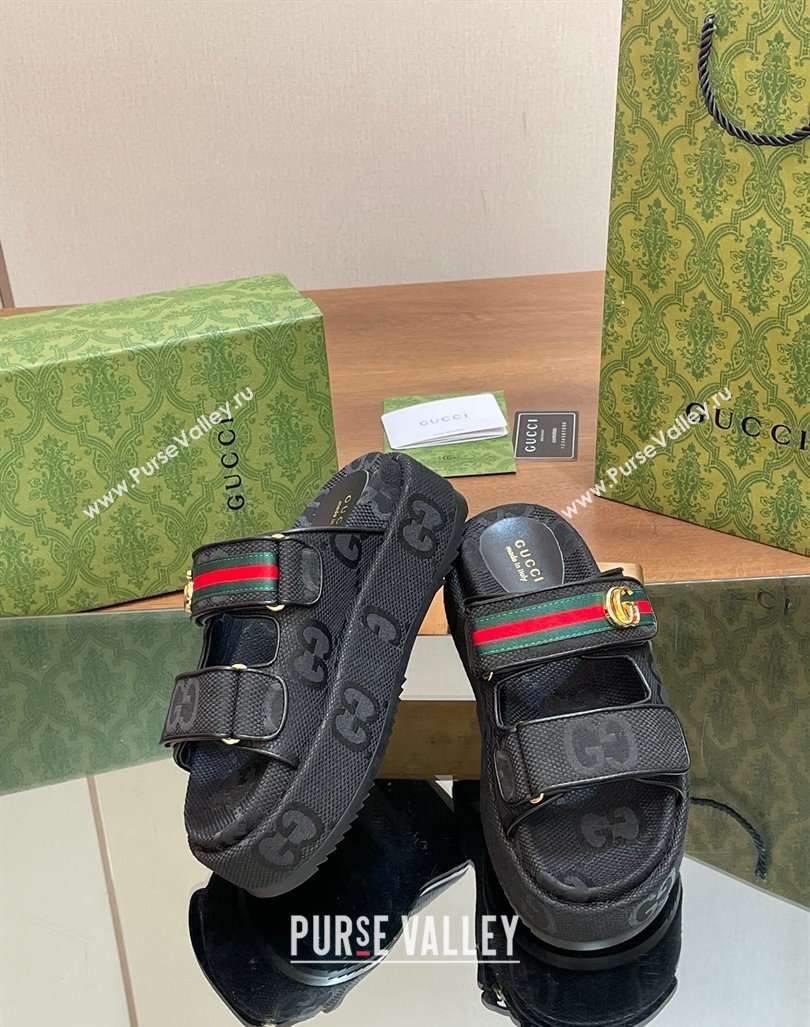 Gucci Maxi GG Canvas Platform Slides Sandal 5.5cm with Strap and Web Black 2024 0605 (MD-240605037)