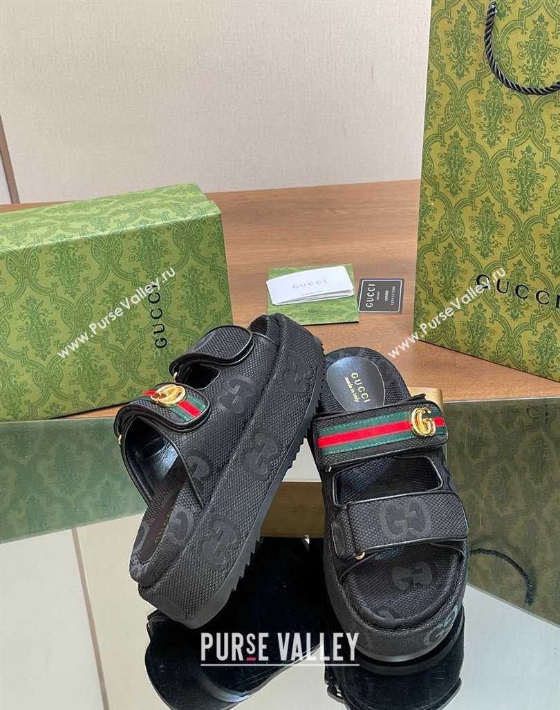 Gucci Maxi GG Canvas Platform Slides Sandal 5.5cm with Strap and Web Black 2024 0605 (MD-240605037)