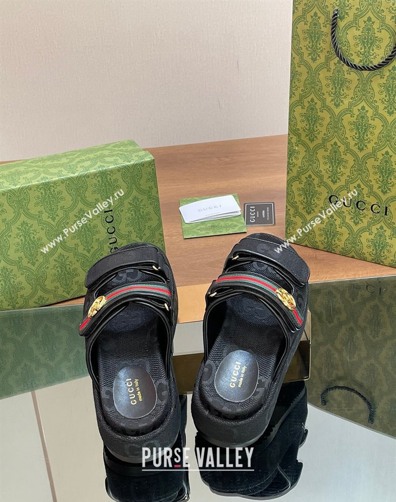 Gucci Maxi GG Canvas Platform Slides Sandal 5.5cm with Strap and Web Black 2024 0605 (MD-240605037)