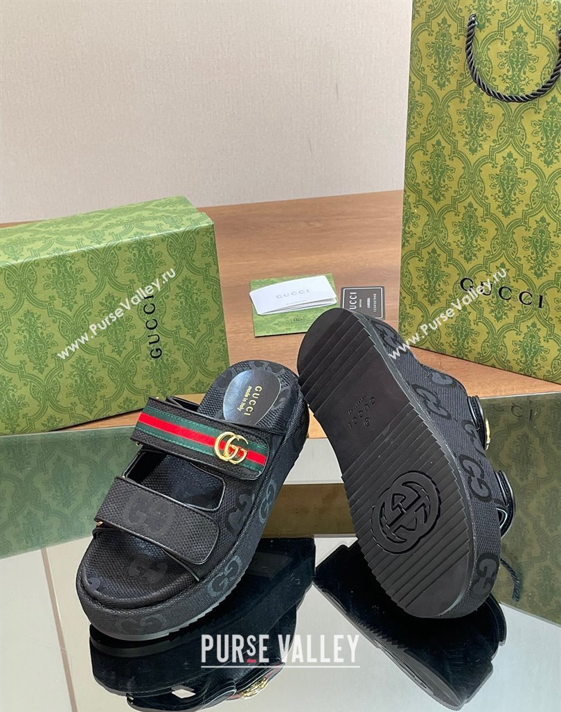 Gucci Maxi GG Canvas Platform Slides Sandal 5.5cm with Strap and Web Black 2024 0605 (MD-240605037)