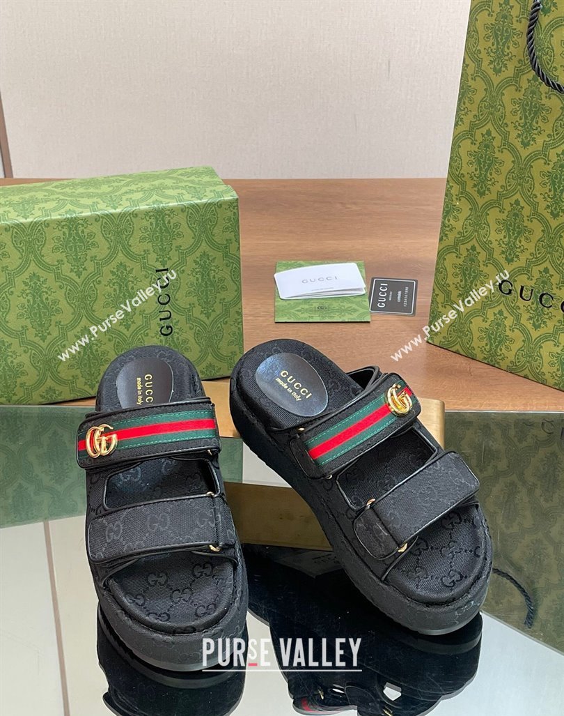 Gucci GG Canvas Platform Slides Sandal 5.5cm with Strap and Web Black2 2024 0605 (MD-240605038)