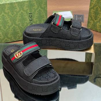 Gucci GG Canvas Platform Slides Sandal 5.5cm with Strap and Web Black2 2024 0605 (MD-240605038)