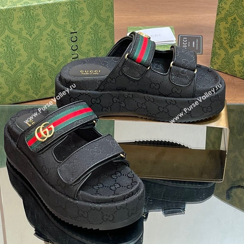 Gucci GG Canvas Platform Slides Sandal 5.5cm with Strap and Web Black2 2024 0605 (MD-240605038)