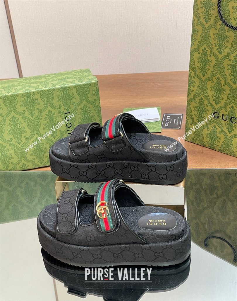 Gucci GG Canvas Platform Slides Sandal 5.5cm with Strap and Web Black2 2024 0605 (MD-240605038)