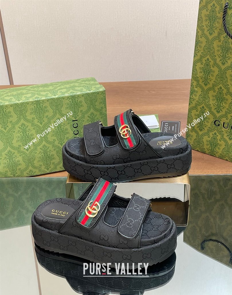 Gucci GG Canvas Platform Slides Sandal 5.5cm with Strap and Web Black2 2024 0605 (MD-240605038)