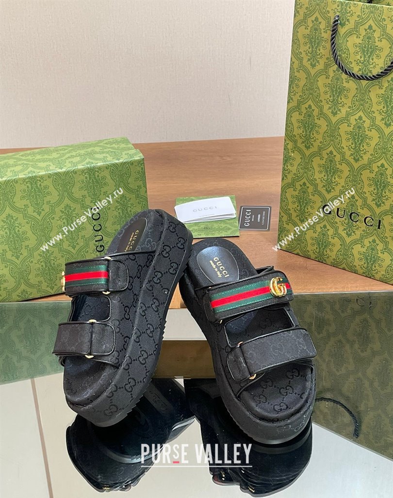 Gucci GG Canvas Platform Slides Sandal 5.5cm with Strap and Web Black2 2024 0605 (MD-240605038)