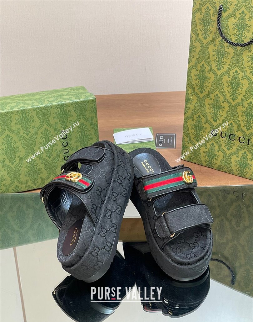 Gucci GG Canvas Platform Slides Sandal 5.5cm with Strap and Web Black2 2024 0605 (MD-240605038)