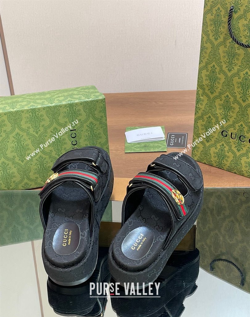 Gucci GG Canvas Platform Slides Sandal 5.5cm with Strap and Web Black2 2024 0605 (MD-240605038)