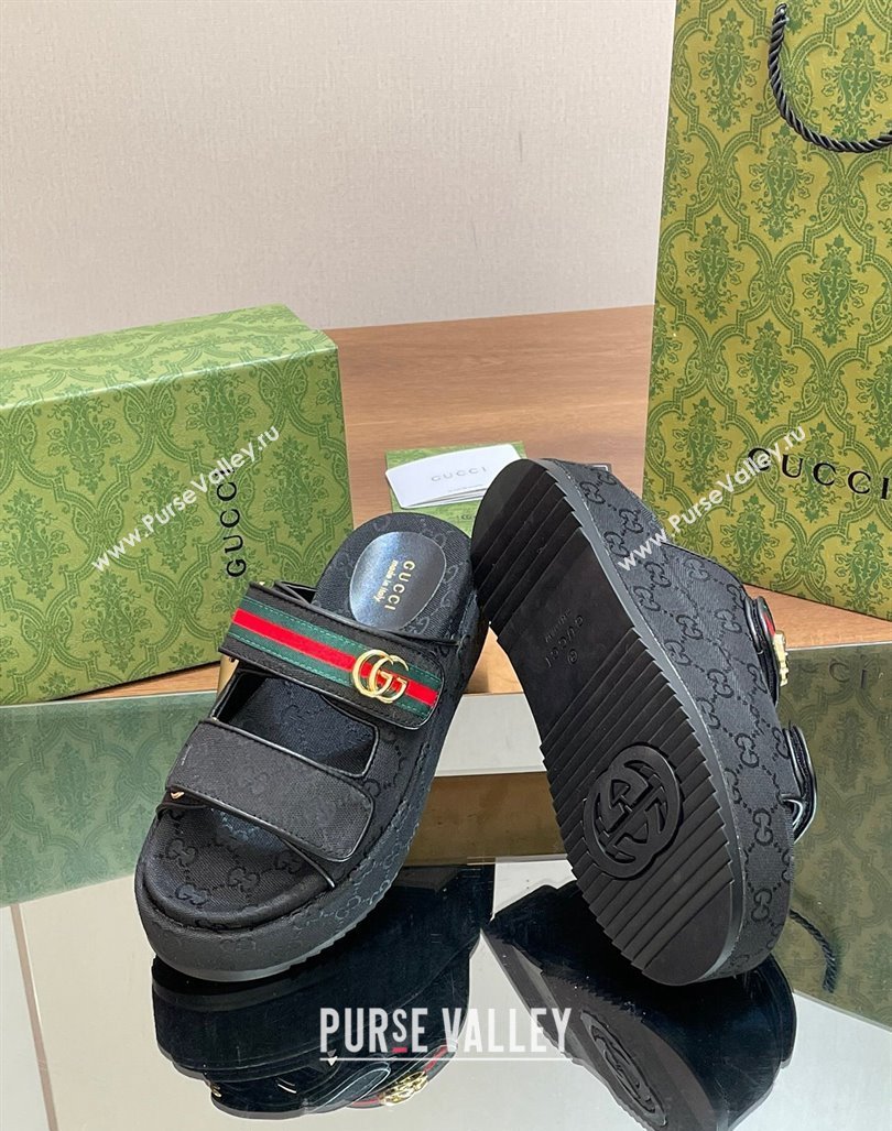 Gucci GG Canvas Platform Slides Sandal 5.5cm with Strap and Web Black2 2024 0605 (MD-240605038)