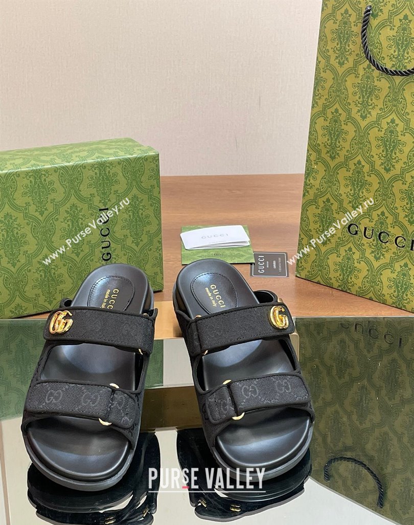 Gucci GG Canvas Flat Slides Sandal with Strap Black 2024 0605 (MD-240605032)