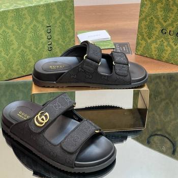 Gucci GG Canvas Flat Slides Sandal with Strap Black 2024 0605 (MD-240605032)