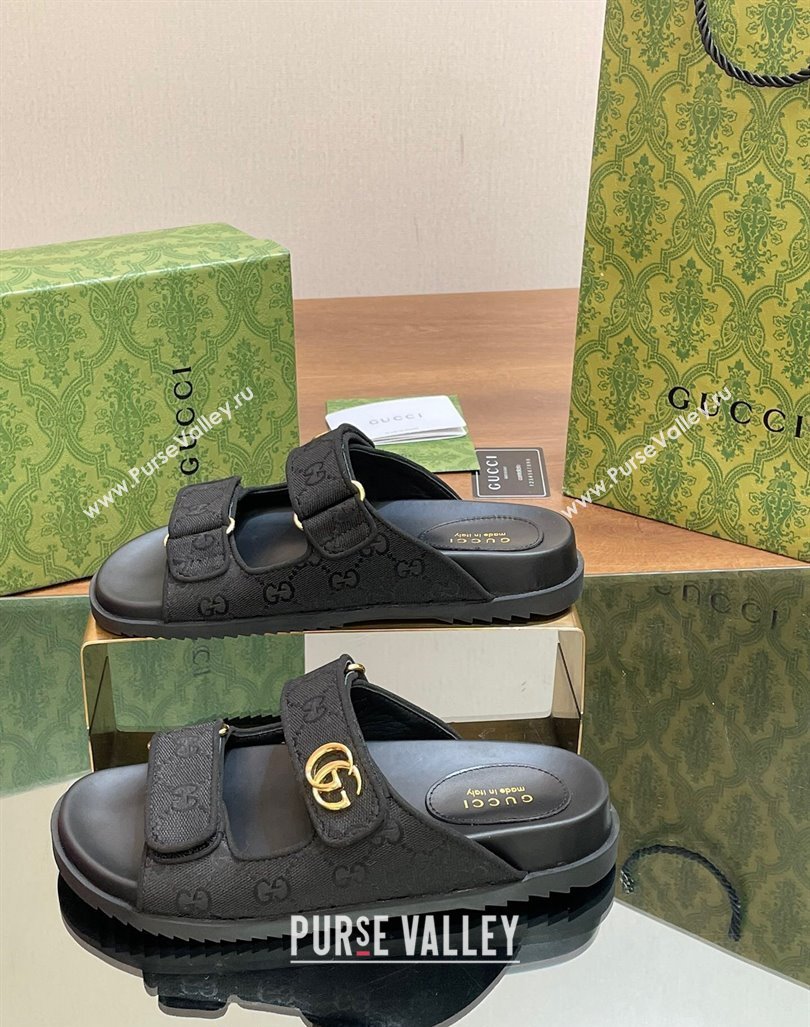 Gucci GG Canvas Flat Slides Sandal with Strap Black 2024 0605 (MD-240605032)