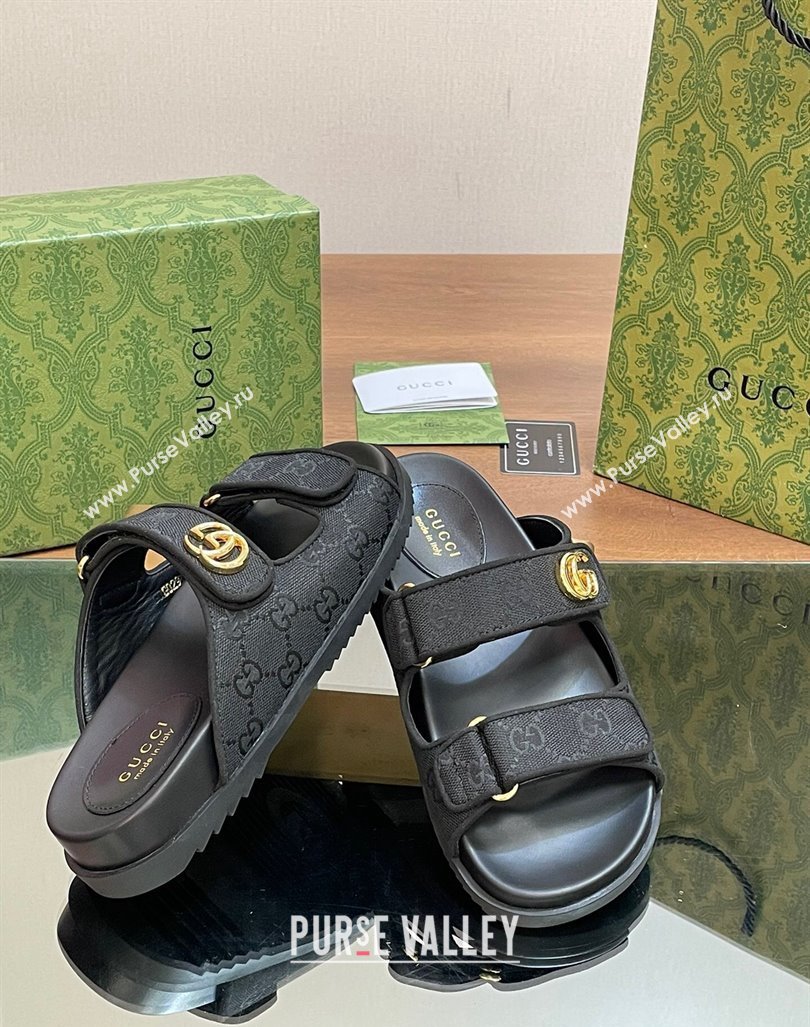 Gucci GG Canvas Flat Slides Sandal with Strap Black 2024 0605 (MD-240605032)