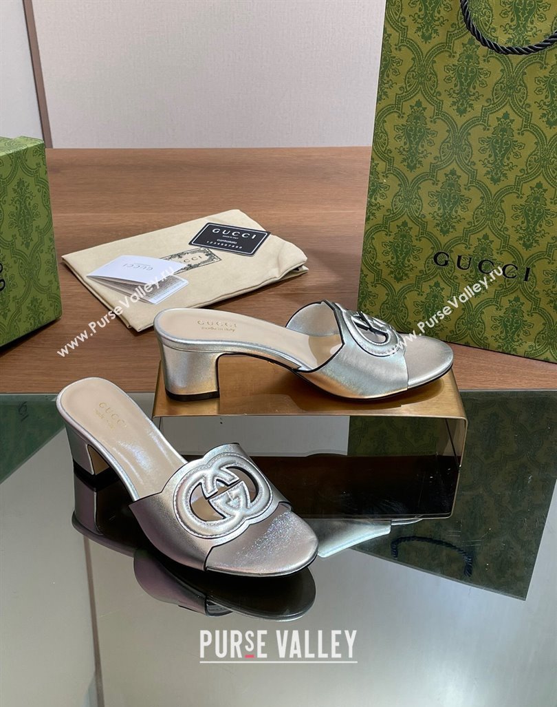 Gucci Cutout Interlocking G Heel Slide Sandals 5.5cm Silver 2024 0605 (MD-240605119)