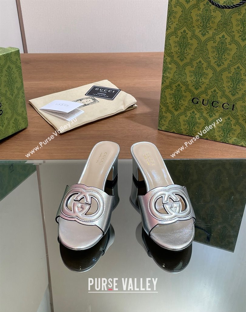 Gucci Cutout Interlocking G Heel Slide Sandals 5.5cm Silver 2024 0605 (MD-240605119)