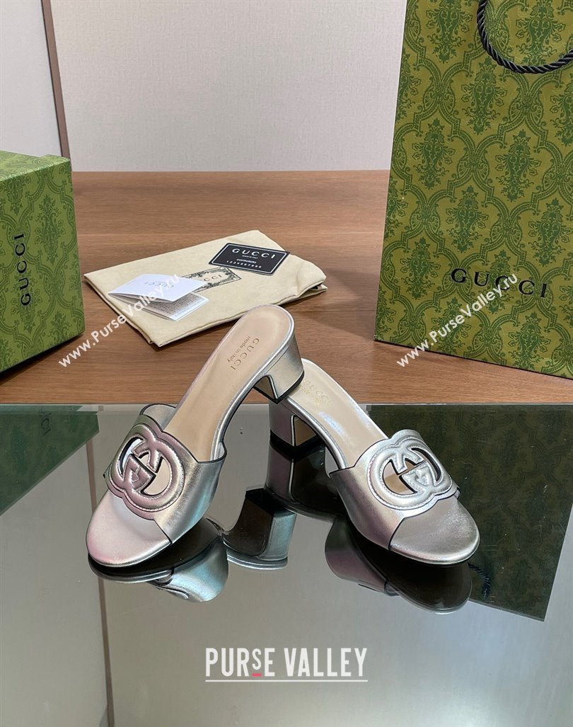 Gucci Cutout Interlocking G Heel Slide Sandals 5.5cm Silver 2024 0605 (MD-240605119)