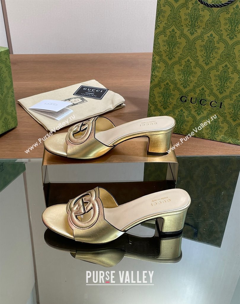 Gucci Cutout Interlocking G Heel Slide Sandals 5.5cm Gold 2024 0605 (MD-240605120)