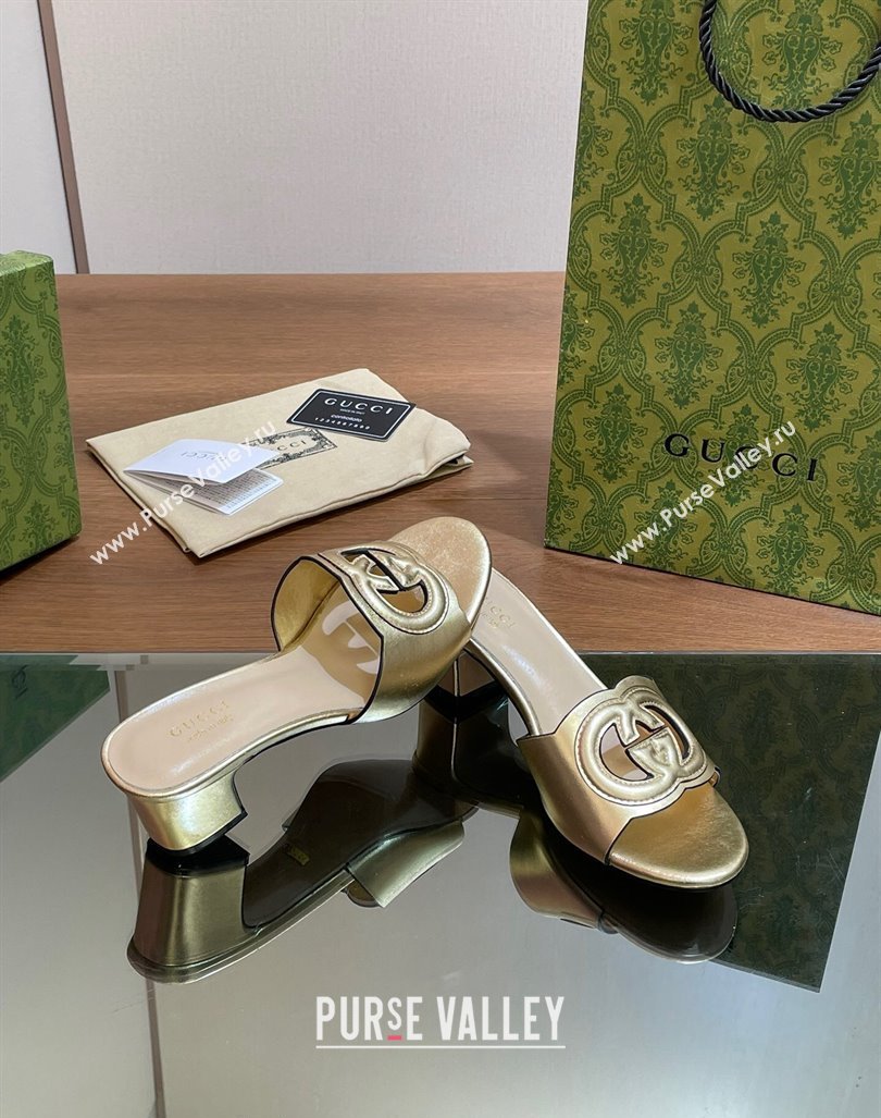 Gucci Cutout Interlocking G Heel Slide Sandals 5.5cm Gold 2024 0605 (MD-240605120)