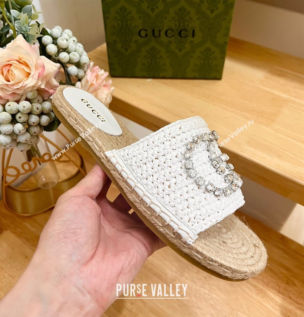 Gucci Strass Interlocking G Espadrille Flat Slides Sandal White 2024 780589 (HB-240605091)