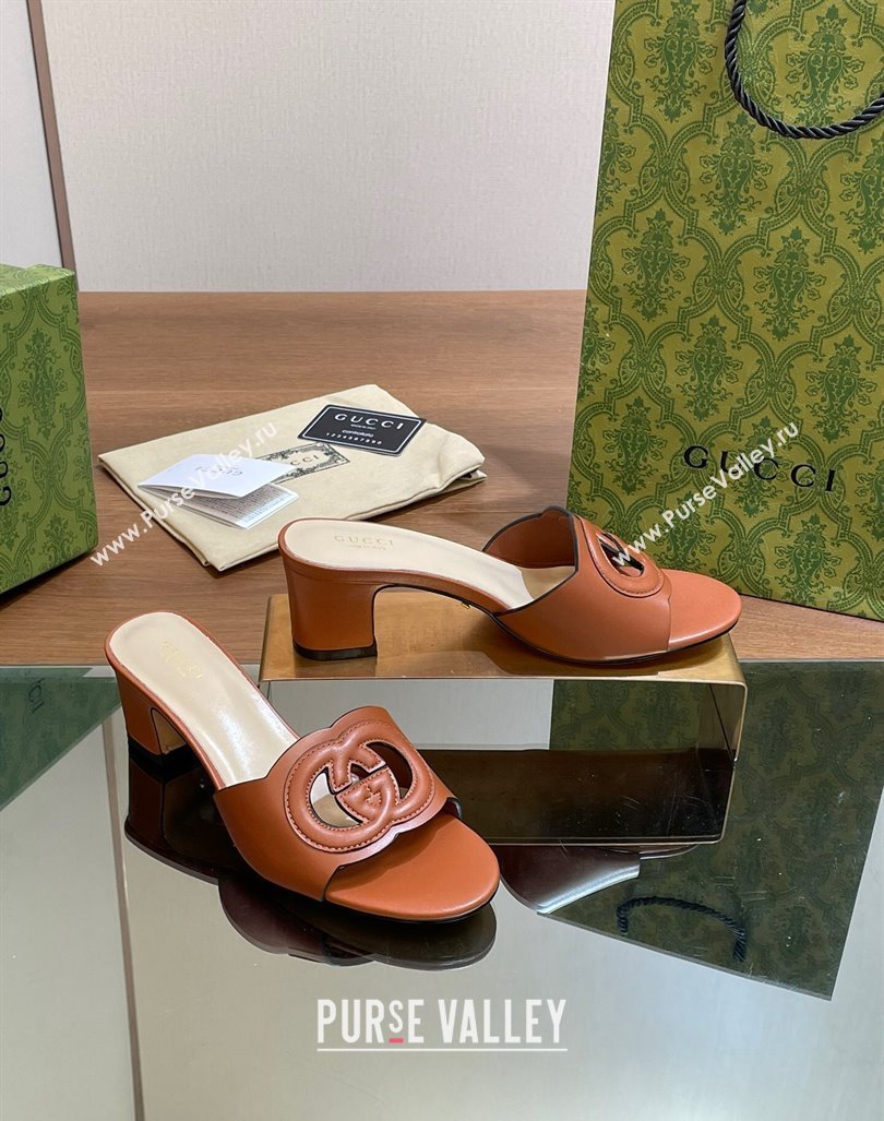 Gucci Cutout Interlocking G Heel Slide Sandals 5.5cm Brown 2024 0605 (MD-240605123)