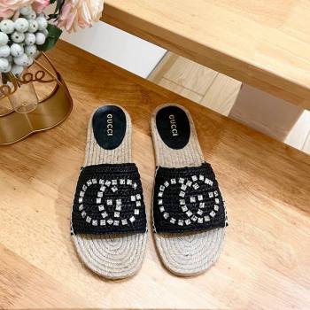 Gucci Strass Interlocking G Espadrille Flat Slides Sandal Black 2024 780589 (HB-240605092)