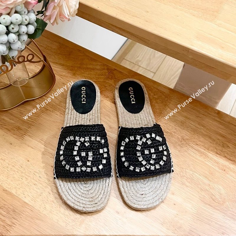 Gucci Strass Interlocking G Espadrille Flat Slides Sandal Black 2024 780589 (HB-240605092)