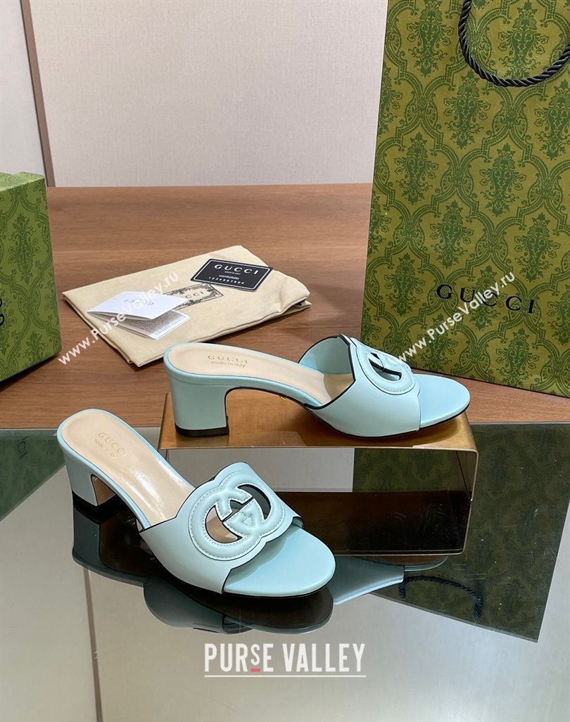 Gucci Cutout Interlocking G Heel Slide Sandals 5.5cm Light Blue 2024 0605 (MD-240605126)