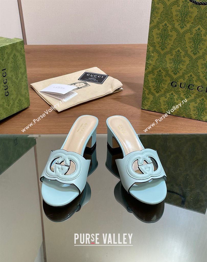 Gucci Cutout Interlocking G Heel Slide Sandals 5.5cm Light Blue 2024 0605 (MD-240605126)