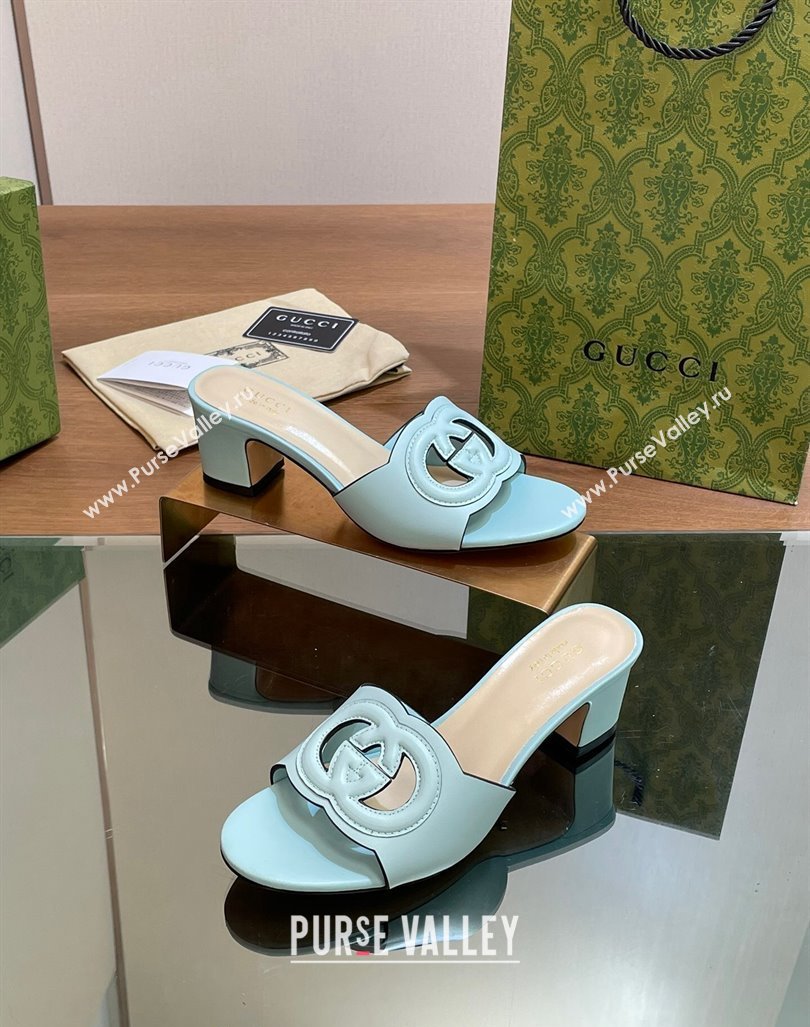 Gucci Cutout Interlocking G Heel Slide Sandals 5.5cm Light Blue 2024 0605 (MD-240605126)