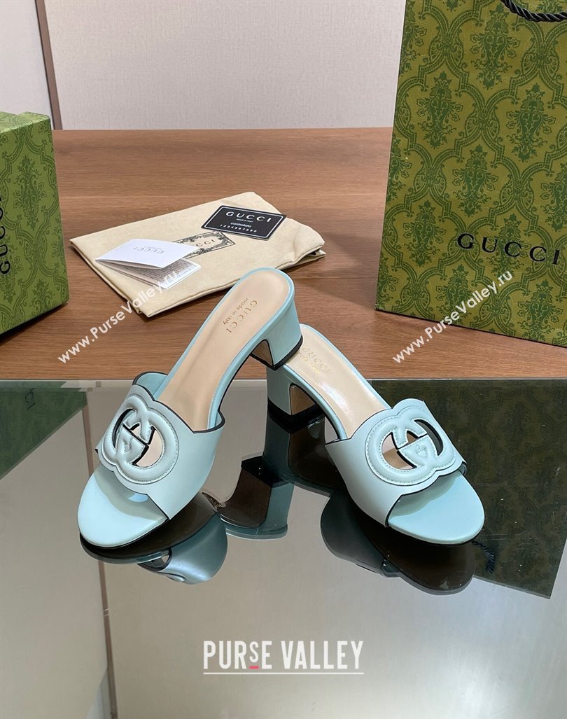 Gucci Cutout Interlocking G Heel Slide Sandals 5.5cm Light Blue 2024 0605 (MD-240605126)