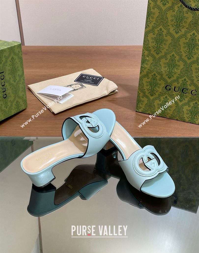 Gucci Cutout Interlocking G Heel Slide Sandals 5.5cm Light Blue 2024 0605 (MD-240605126)