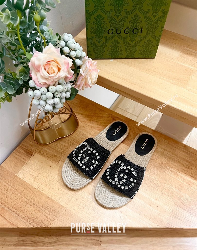 Gucci Strass Interlocking G Espadrille Flat Slides Sandal Black 2024 780589 (HB-240605092)