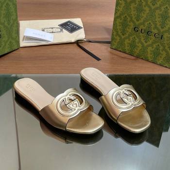 Gucci Cutout Interlocking G Flat Slide Sandals Gold 2024 0605 (MD-240605129)