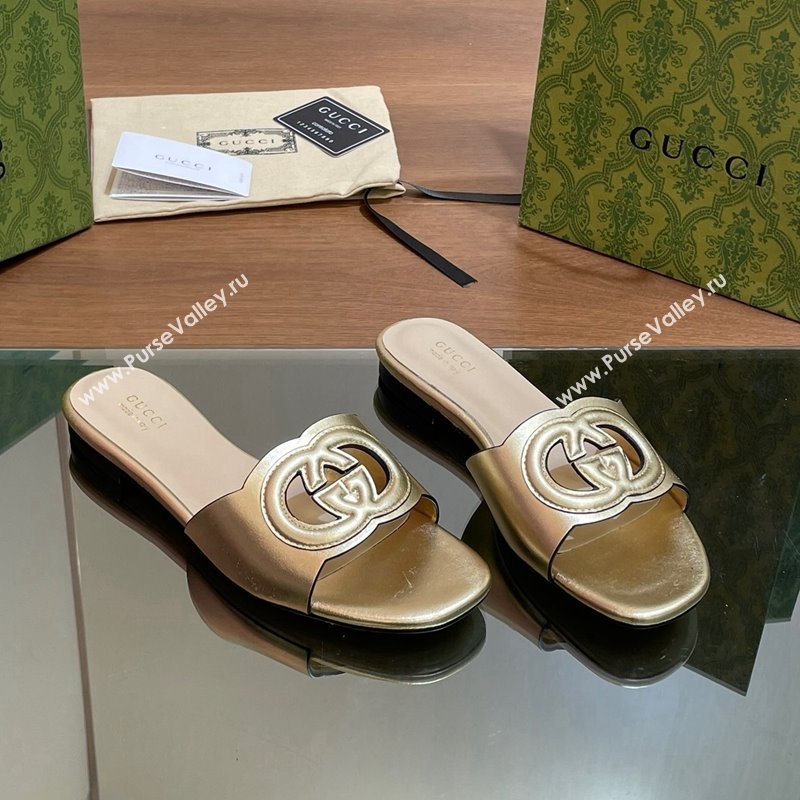 Gucci Cutout Interlocking G Flat Slide Sandals Gold 2024 0605 (MD-240605129)