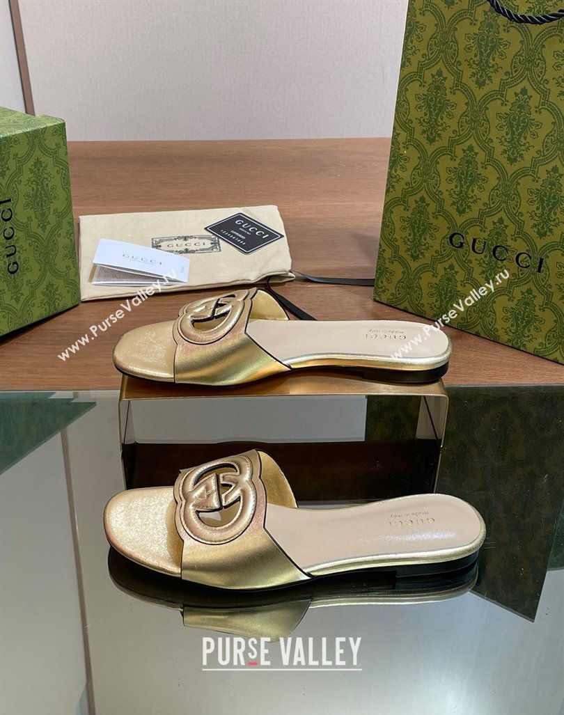 Gucci Cutout Interlocking G Flat Slide Sandals Gold 2024 0605 (MD-240605129)