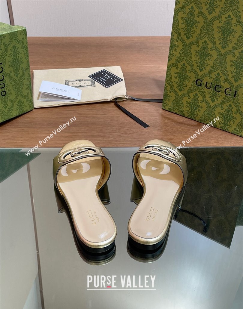 Gucci Cutout Interlocking G Flat Slide Sandals Gold 2024 0605 (MD-240605129)