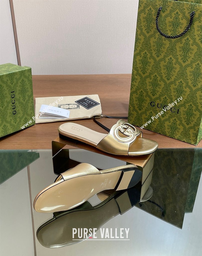 Gucci Cutout Interlocking G Flat Slide Sandals Gold 2024 0605 (MD-240605129)