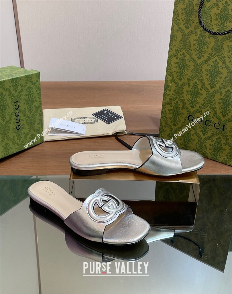 Gucci Cutout Interlocking G Flat Slides Sandals Silver 2024 0605 (MD-240605128)