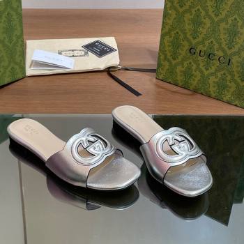 Gucci Cutout Interlocking G Flat Slides Sandals Silver 2024 0605 (MD-240605128)